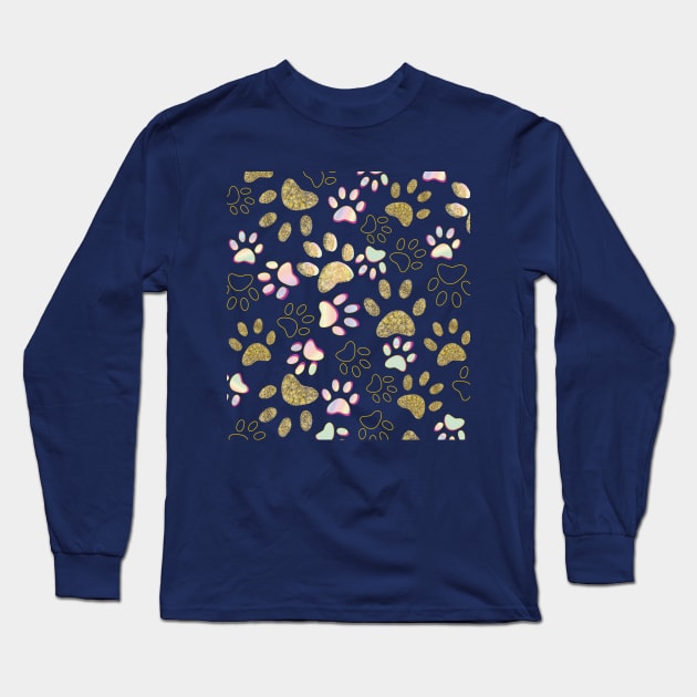 Golden Shining Paw Prints and Spectrum Colored Long Sleeve T-Shirt by GULSENGUNEL